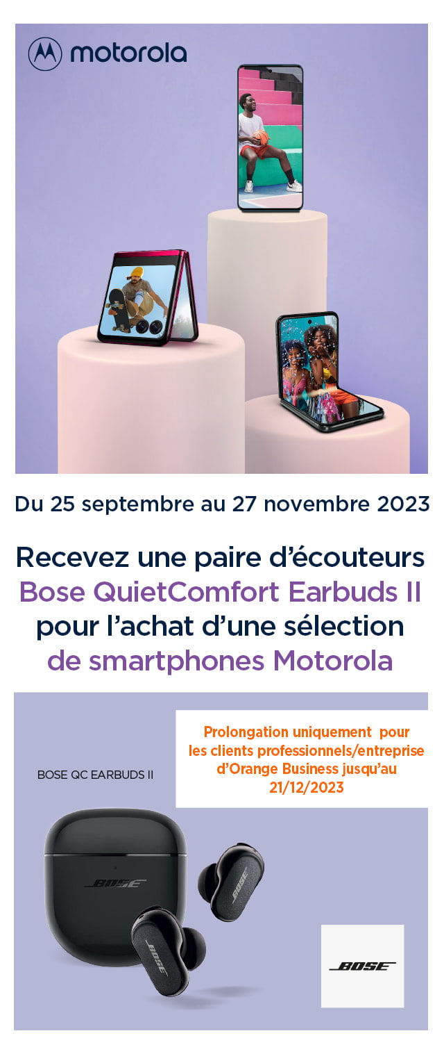 Du 25 septembre au 27 novembre 2023 - Recevez une paire d'écouteurs Bose QuietConfort Earbuds II pour l'achat d'une sélection de smartphones Motorola
